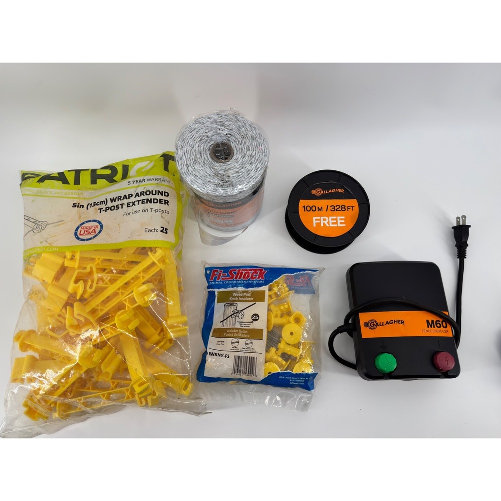 Gallagher M60 Fence Energizer Bundle Poly Wire Insulators T-Post Extenders Set